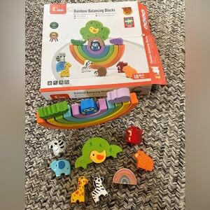 Wooden Rainbow Balancing Blocks Toy Set, Animals Tree. Montessori Waldorf